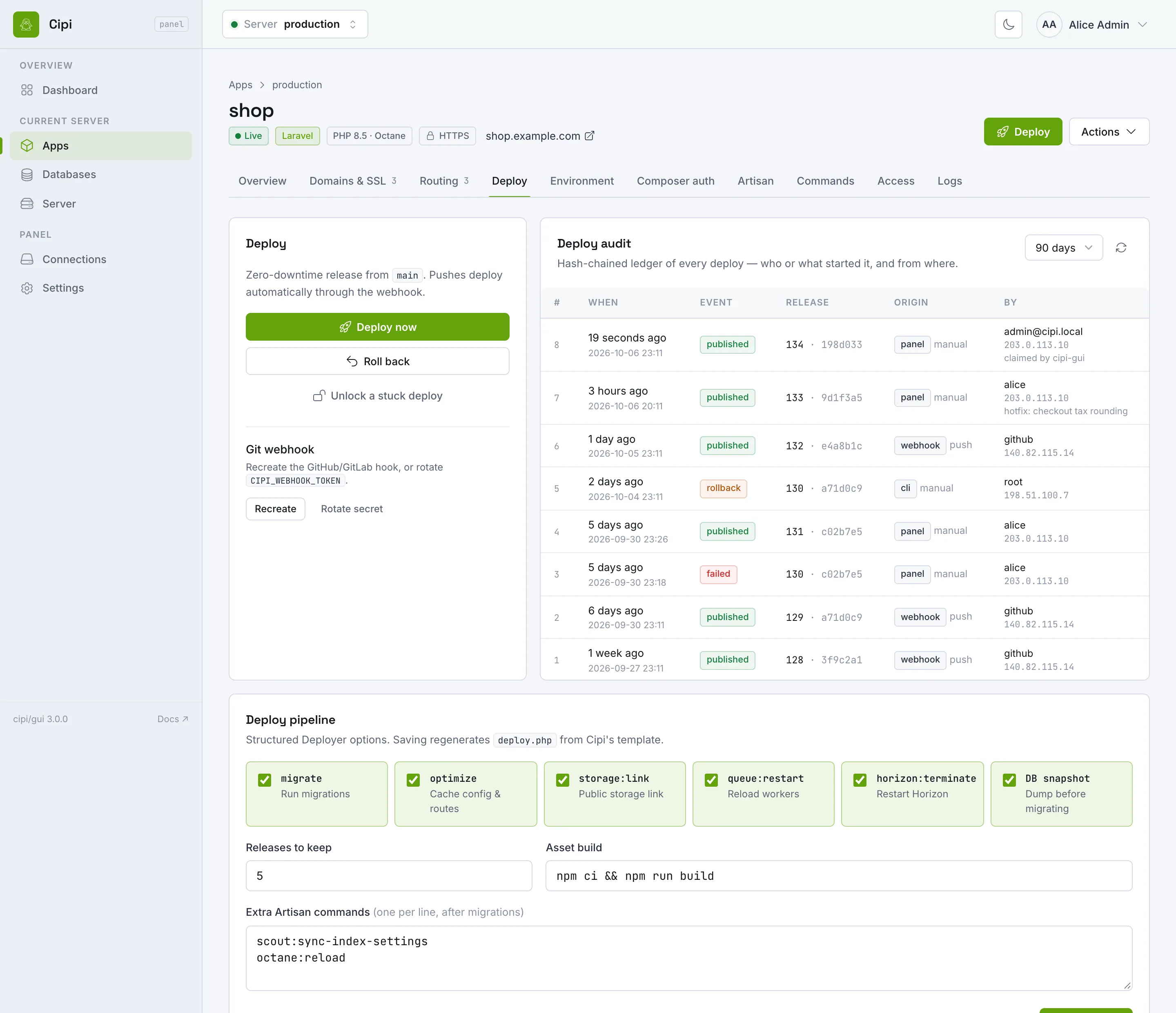 Deploy tab with deploy actions, the deploy audit ledger and the deploy pipeline options