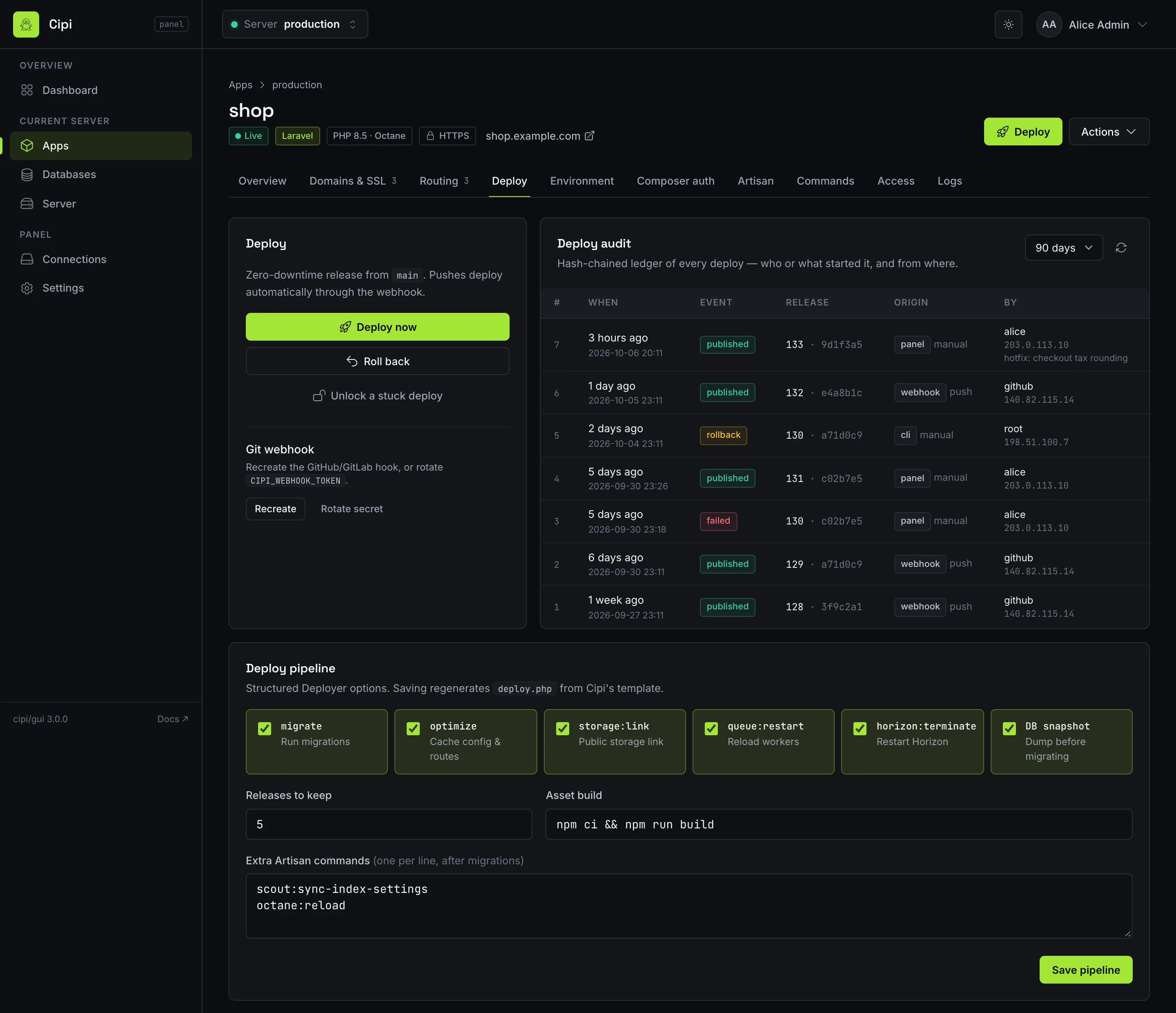 Deploy tab with the deploy audit ledger