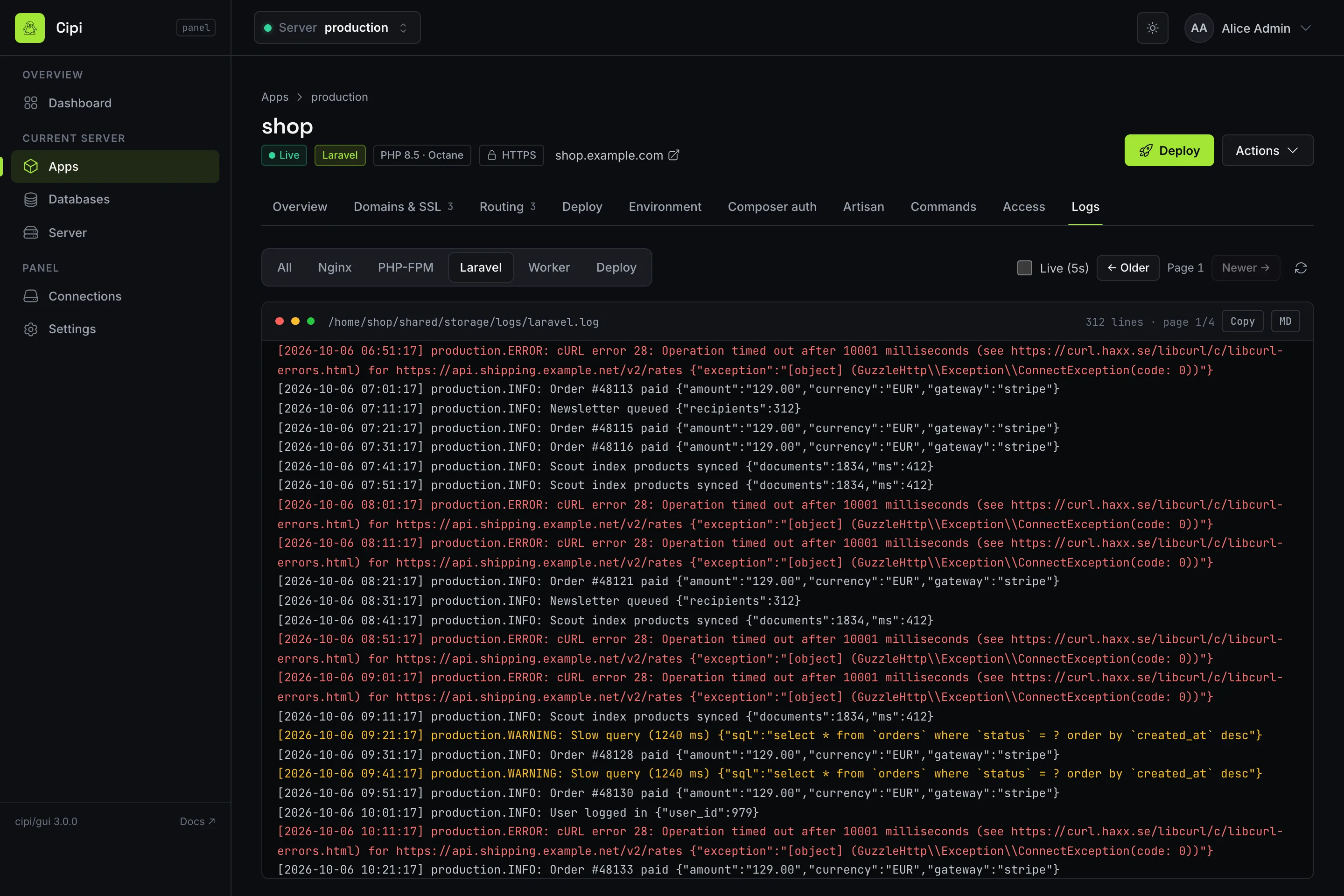 Laravel log viewer with errors highlighted