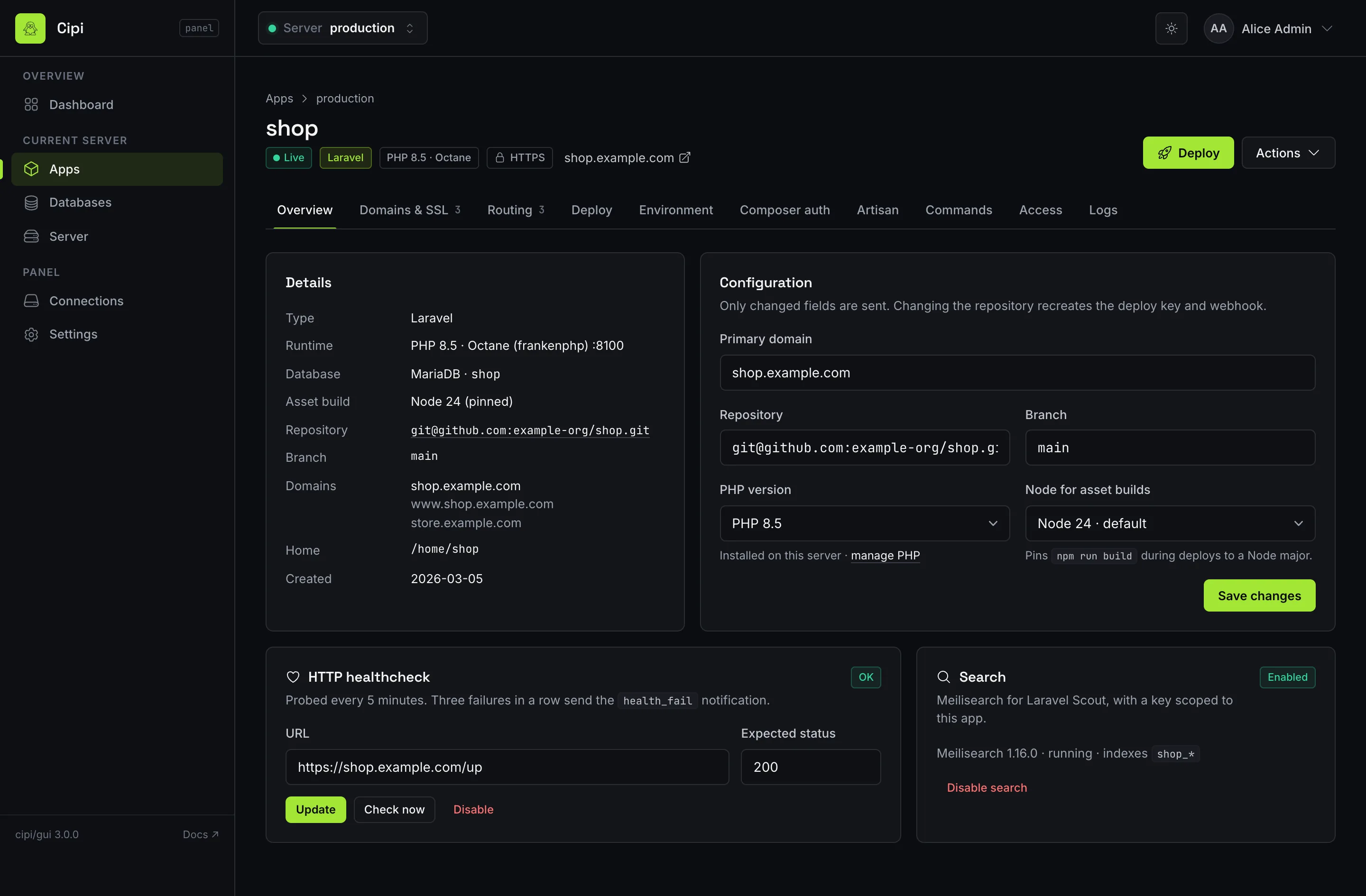 App overview with details, configuration, healthcheck and search