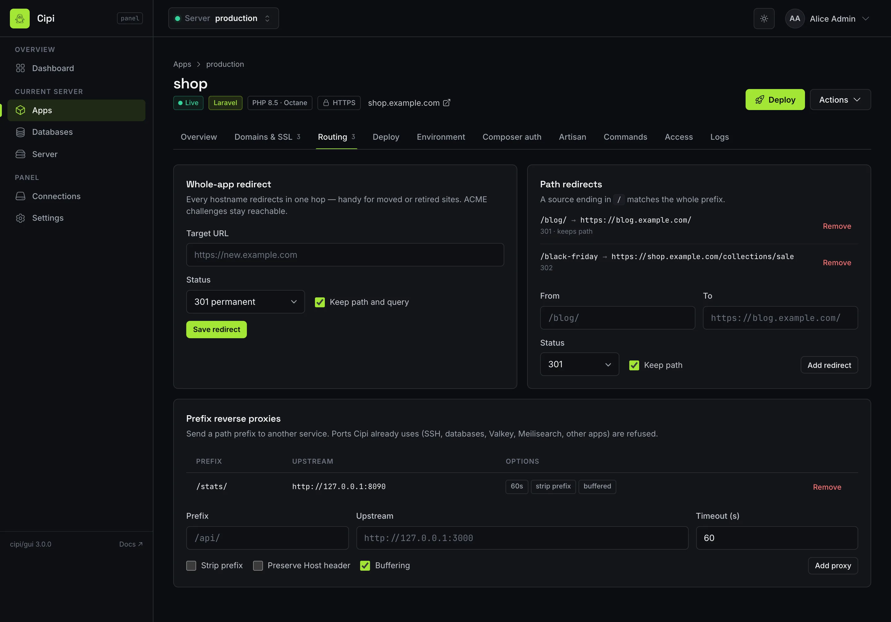Routing tab with whole-app redirect, path redirects and reverse proxies