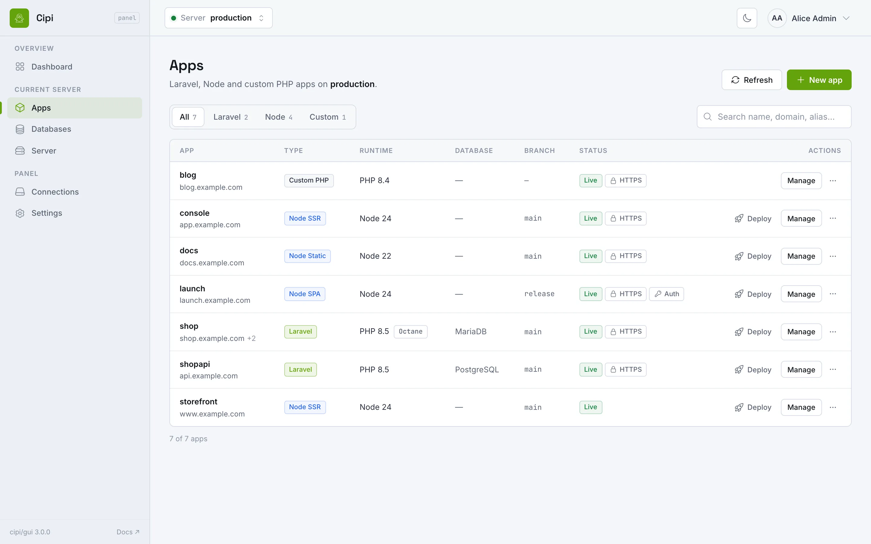 Apps list with Laravel, Node and custom apps