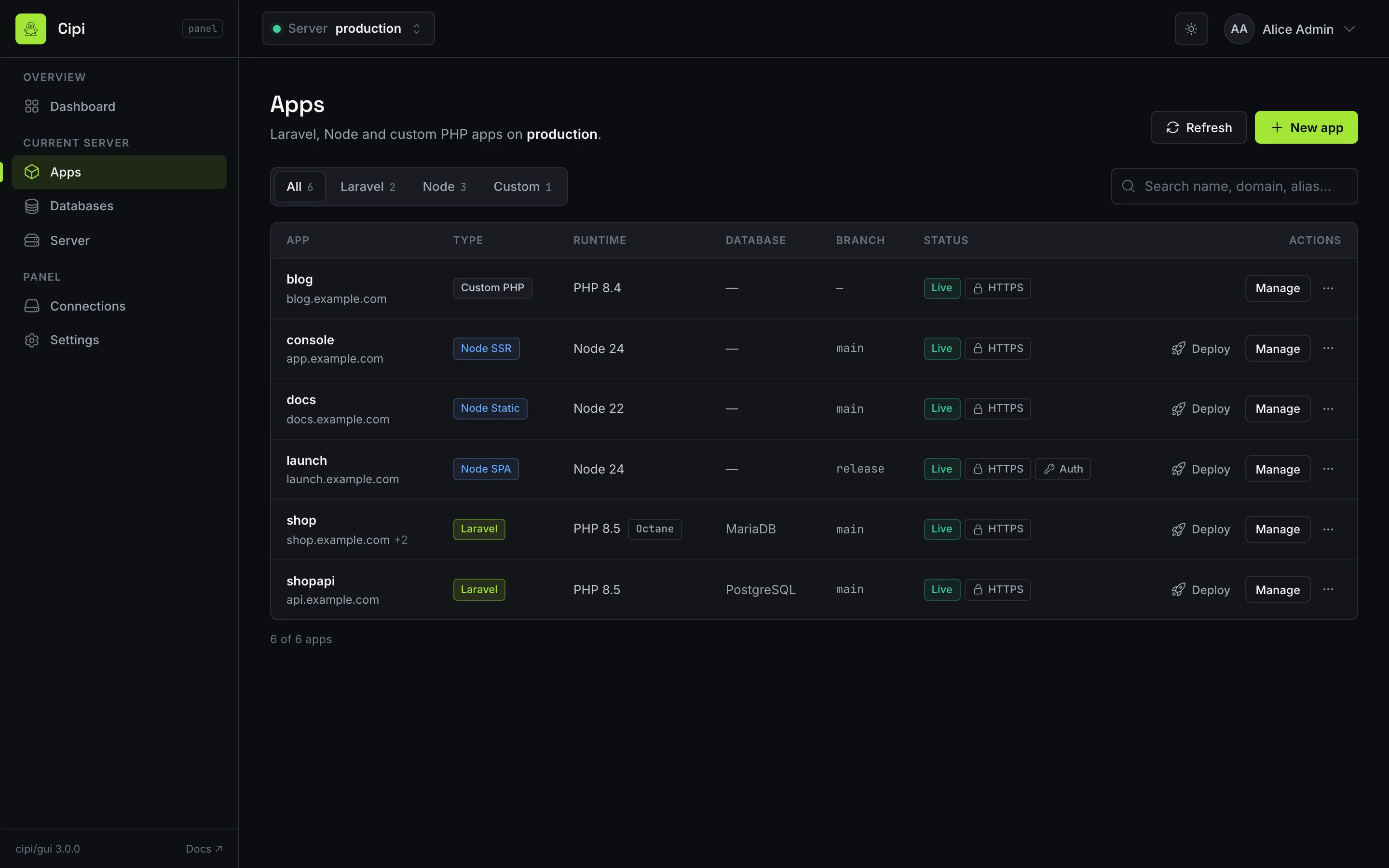 Apps list with Laravel, Node and custom PHP apps