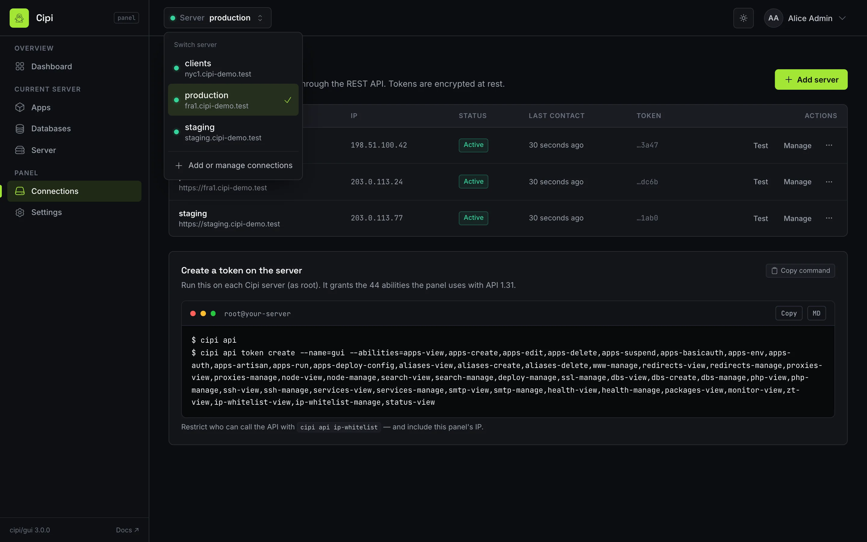 Connections page with the server switcher open