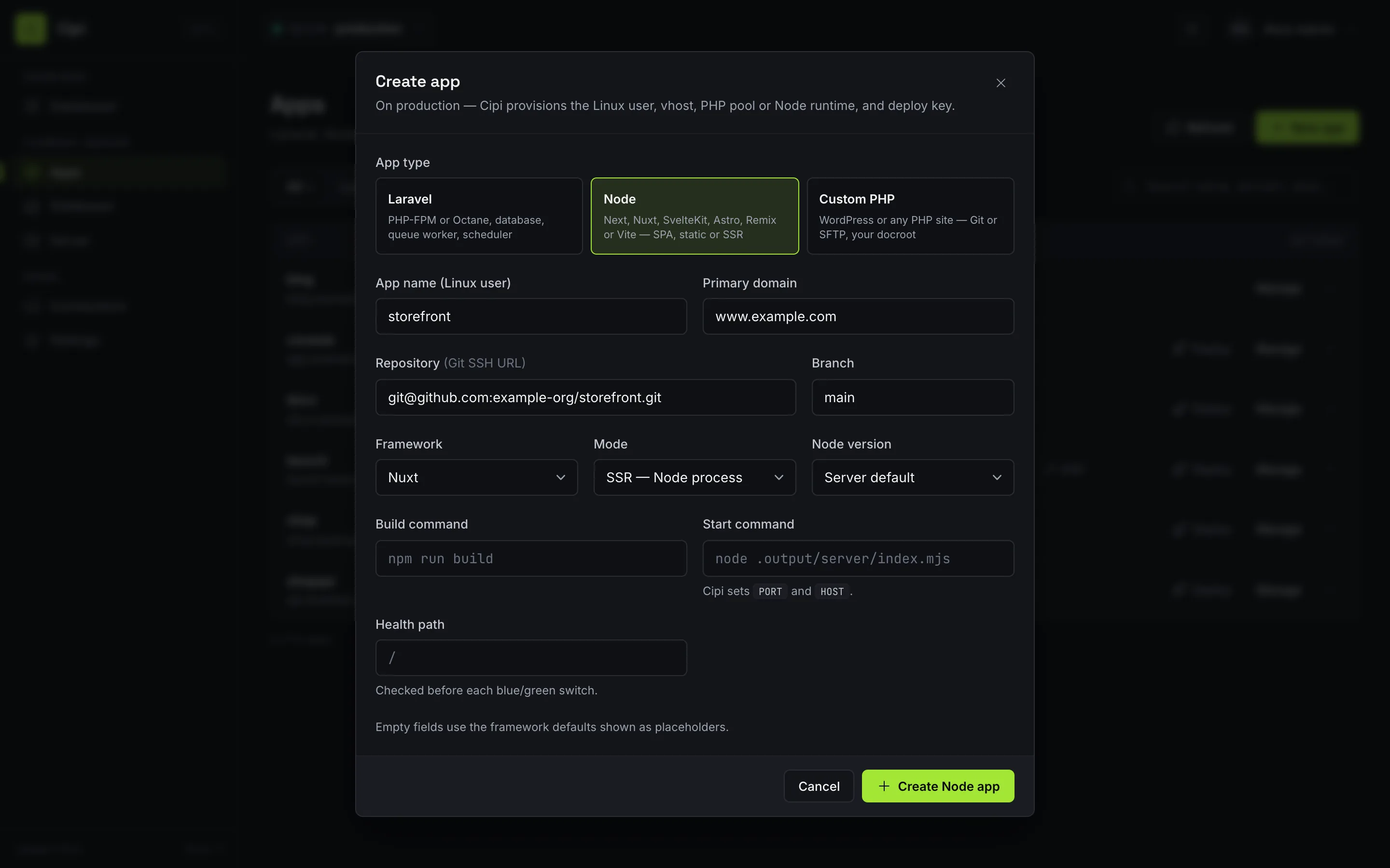 Create app dialog with the Node type selected