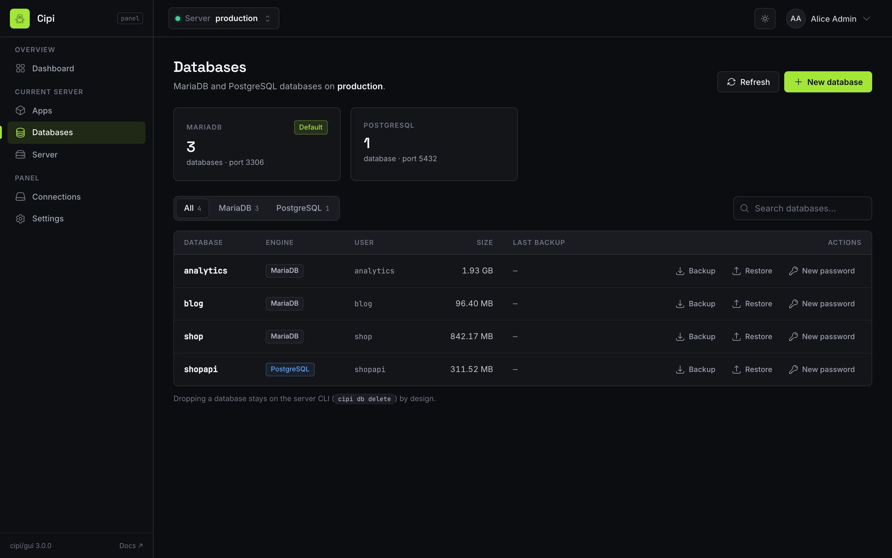 Databases page with backup, restore and password actions
