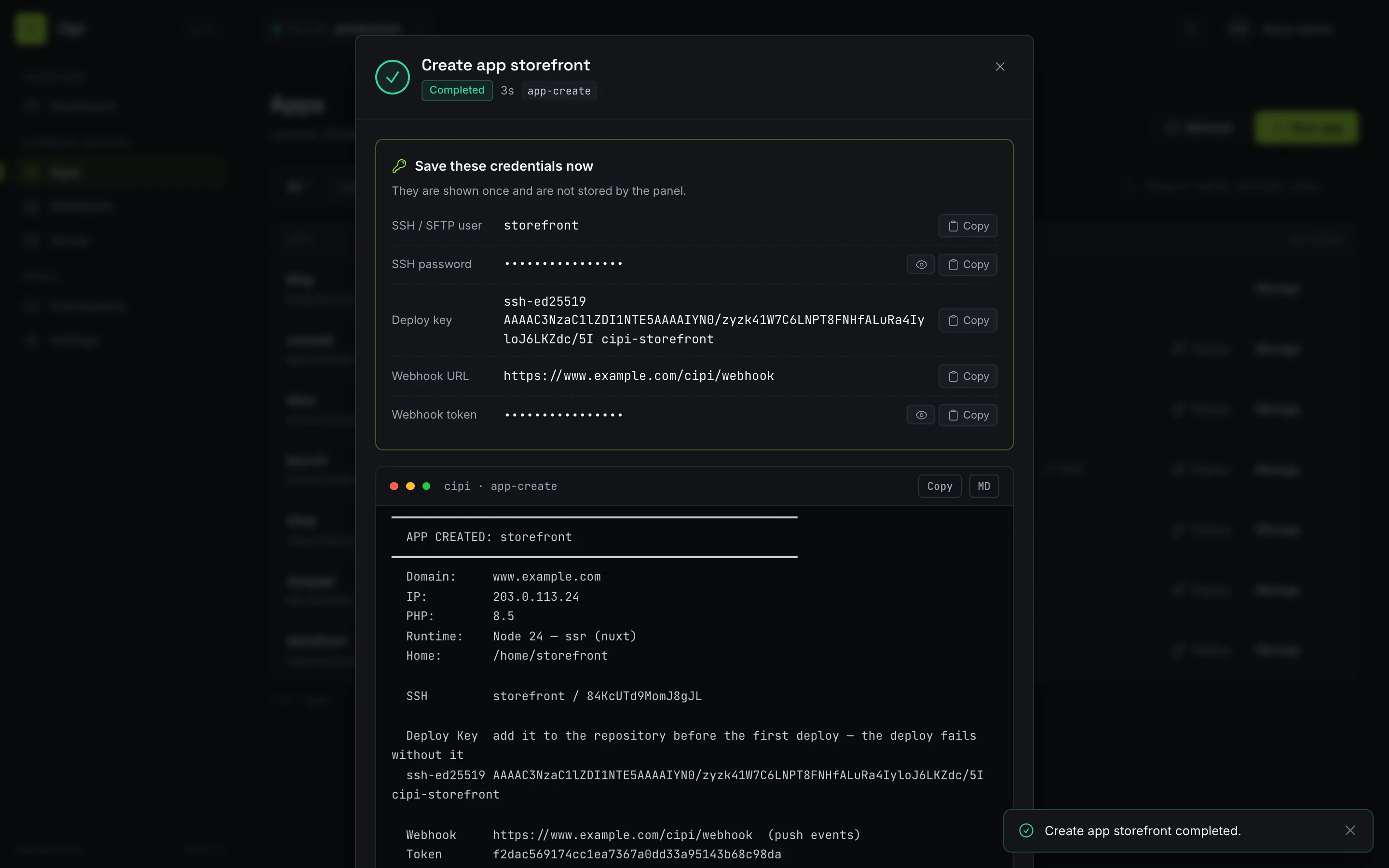 Job overlay with one-time credentials after creating an app