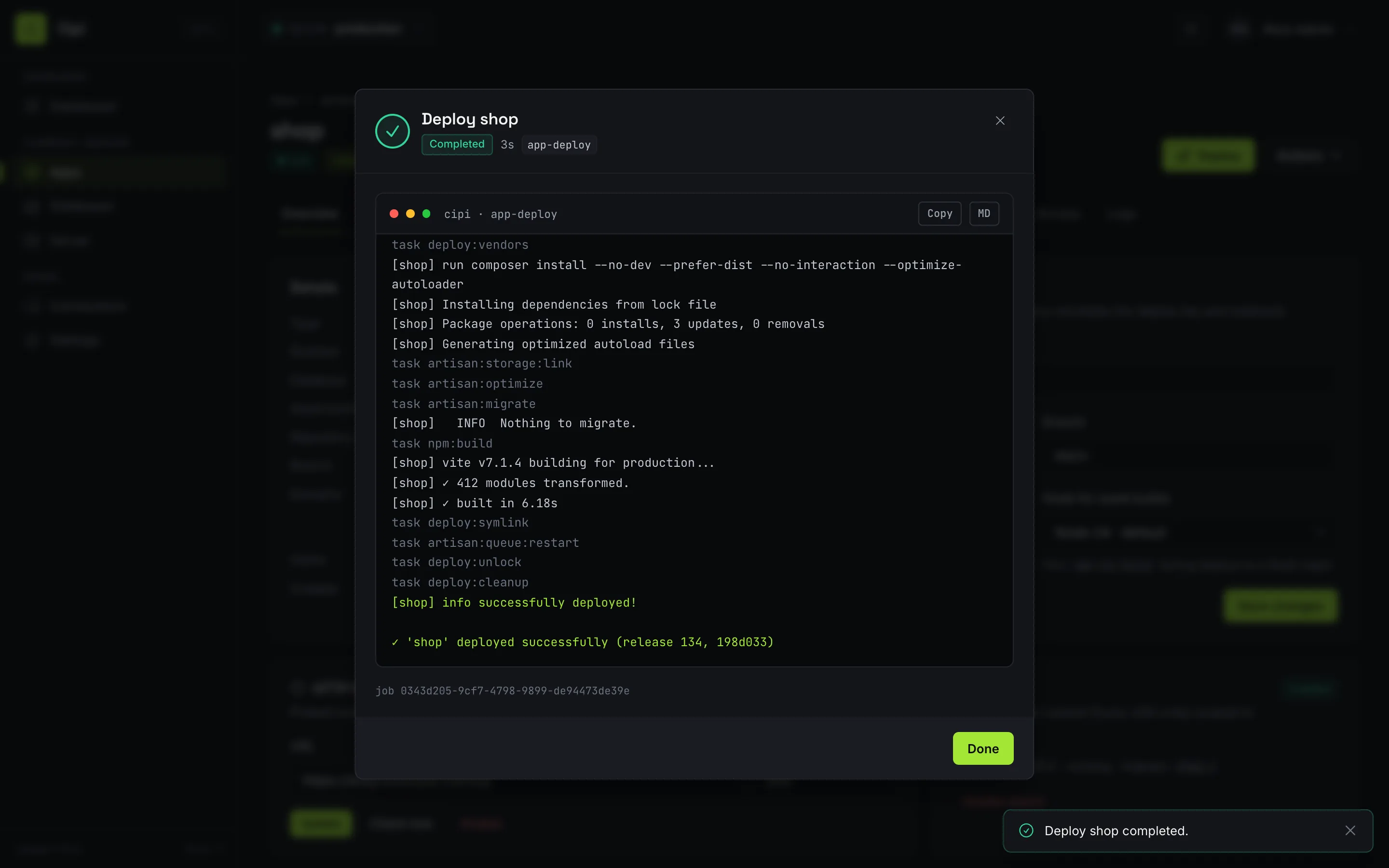 Completed deploy job with Deployer output