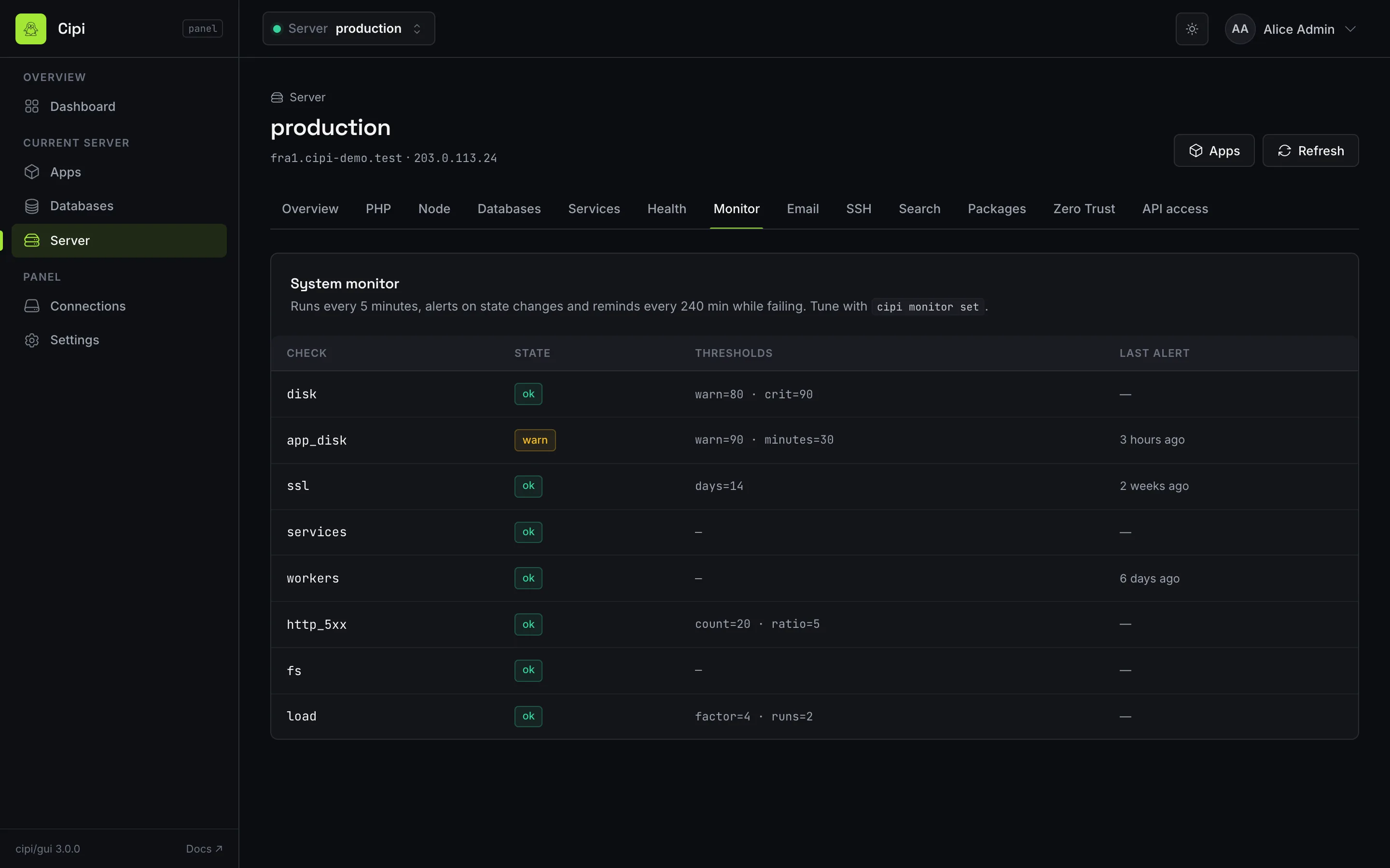 System monitor checks with states and thresholds