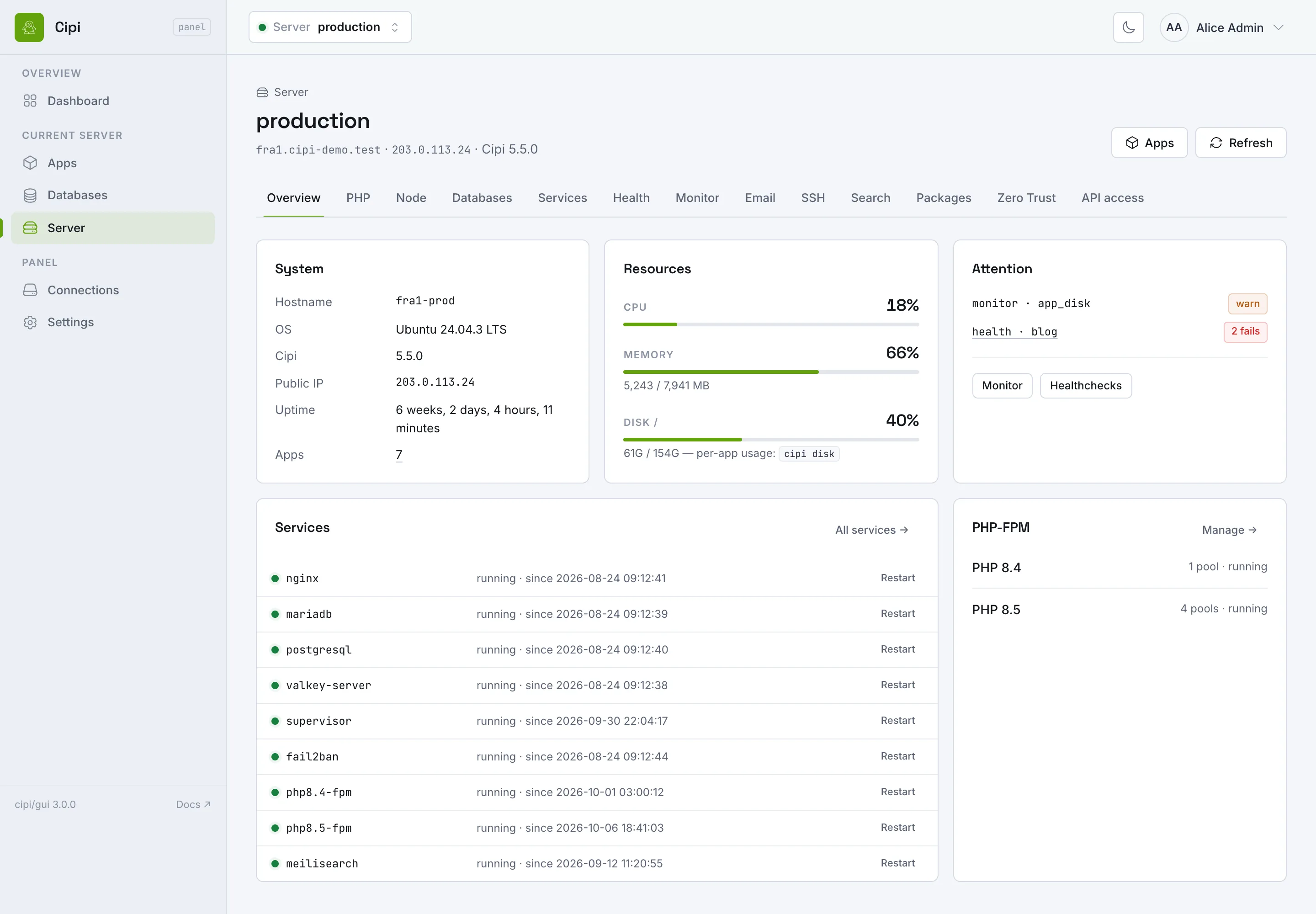 Server overview: system, resources, monitor alerts, services and PHP-FPM