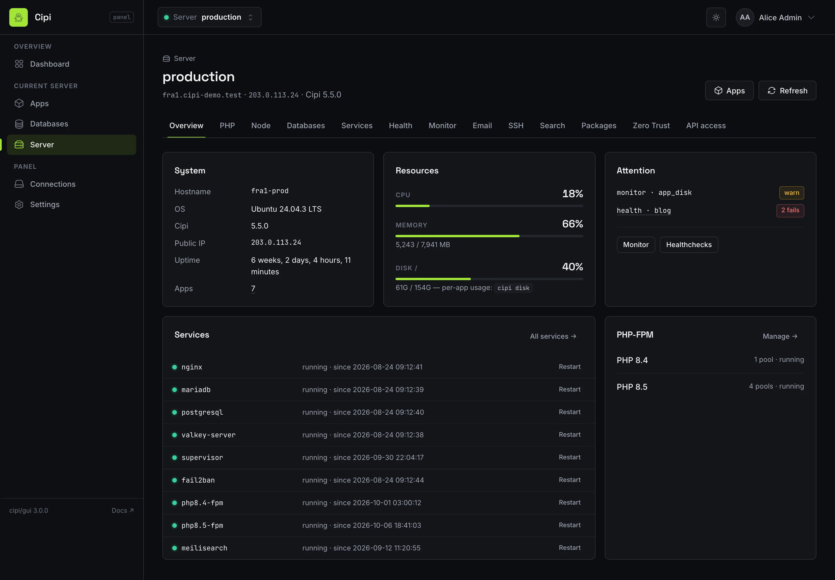 Server overview: system, resources, monitor alerts, services and PHP-FPM
